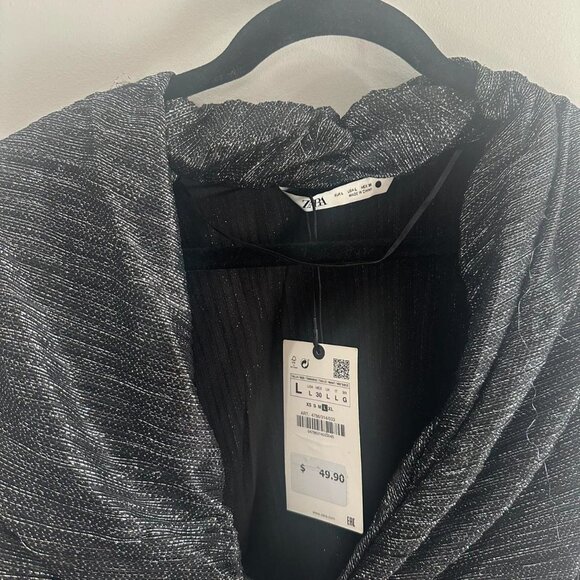 NWT Zara black/ silver metallic long sleeve balloon sleeve top with twist fro - Picture 5 of 6